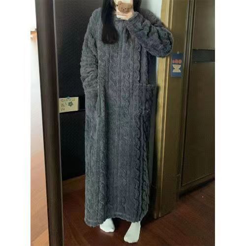 Winter Coral Fleece Sleepwear Women&#39;s Nightgown Long Night Dress Pajamas With Pockets Thickened Jacquard Dress Warm Home Clothes