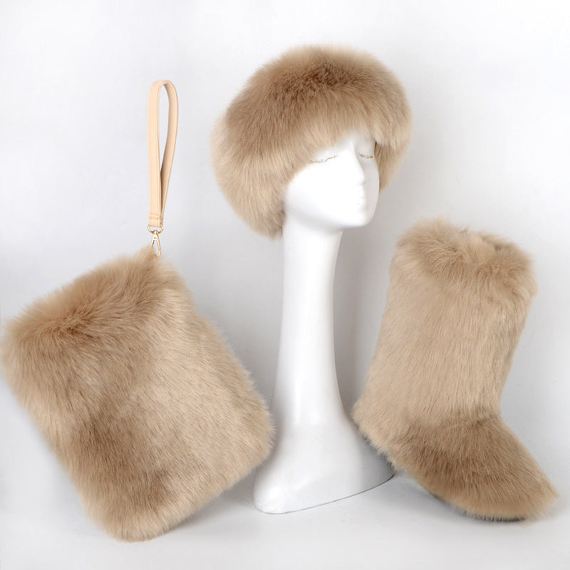 Fur Boots Velvet Padded Plus Size Imitation Fox Fur Fur Women&#39;s Snow Boots Three-piece Set