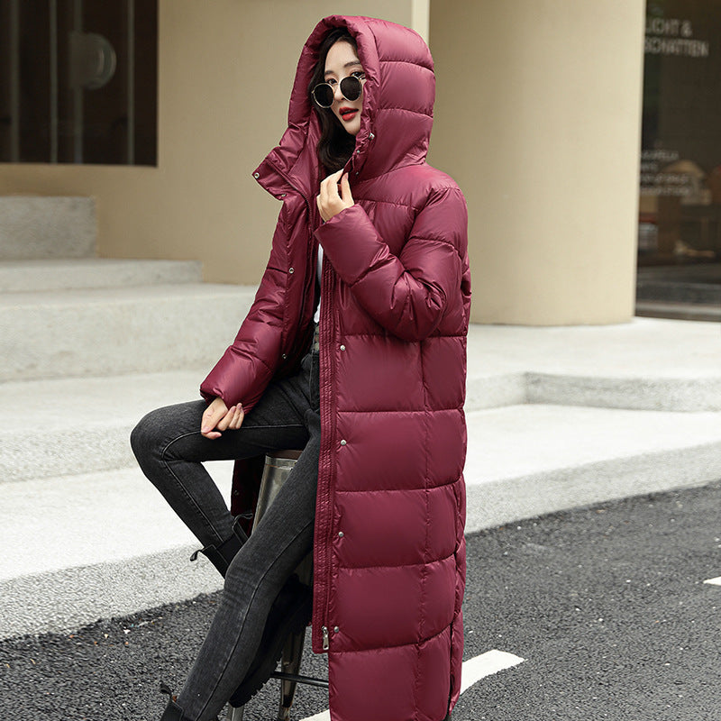 Women&#39;s Super Long Down Jacket Winter Puffer Thick Coat Black Red Hooded Zipper Keep Warm Fall Winter Casual Clothes