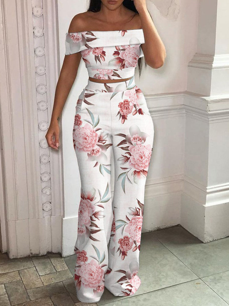 Women&#39;s Tropical Print Off-Shoulder Top And High Waist Pant Set