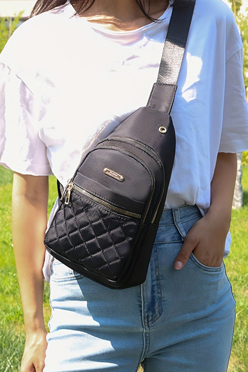 Black Quilted Multi-Pocket Zip Crossbody Chest Bag