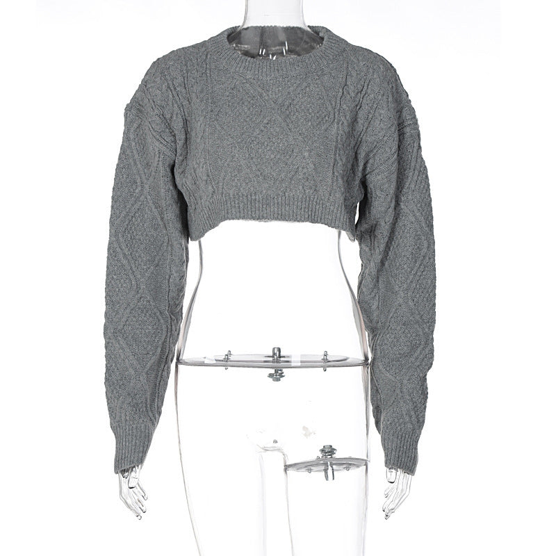 Women&#39;s Fashion Round Neck Long Sleeve Cropped Navel Loose Sweater