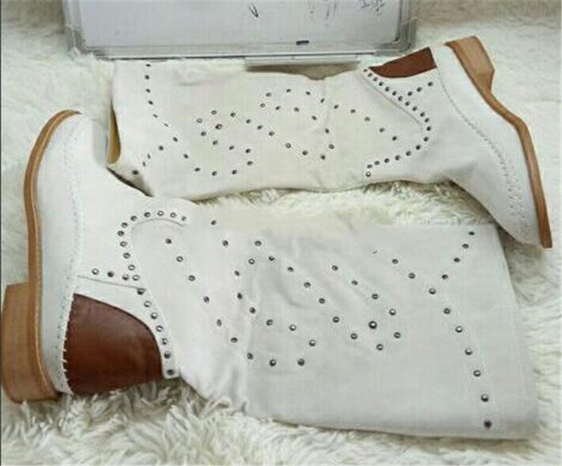 Solid Color Suede Round Head Flat Rivets Fashion Casual Flat Knee-length Boots