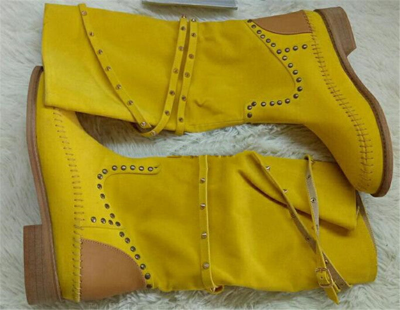 Solid Color Suede Round Head Flat Rivets Fashion Casual Flat Knee-length Boots