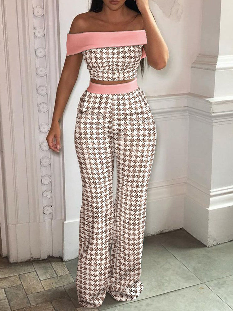 Women&#39;s Tropical Print Off-Shoulder Top And High Waist Pant Set