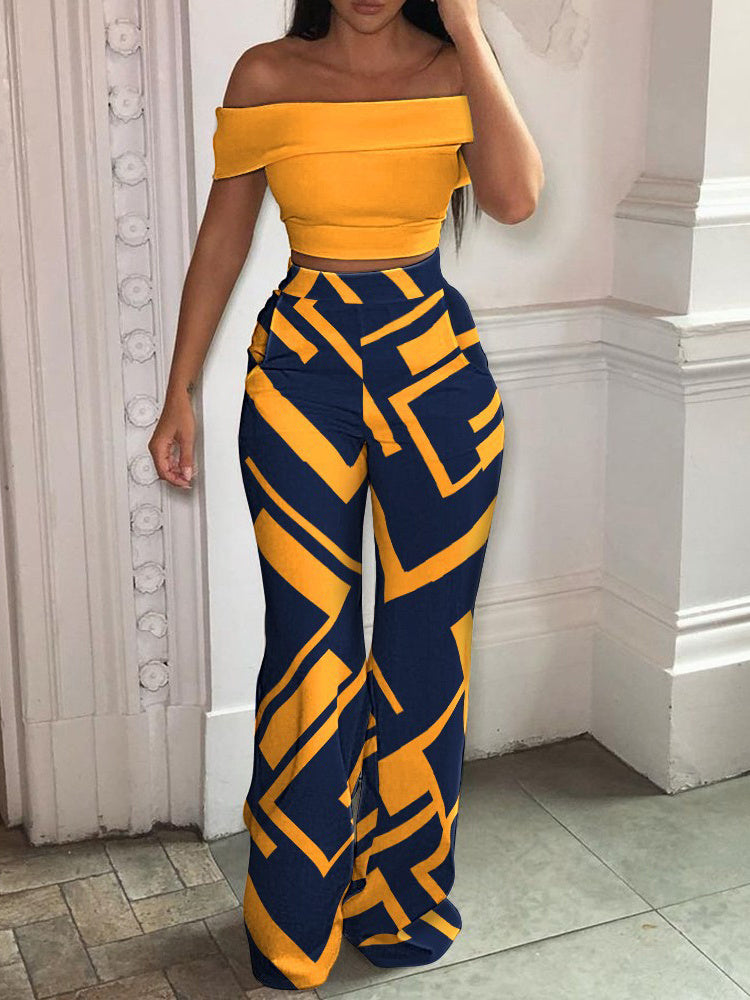 Women&#39;s Tropical Print Off-Shoulder Top And High Waist Pant Set