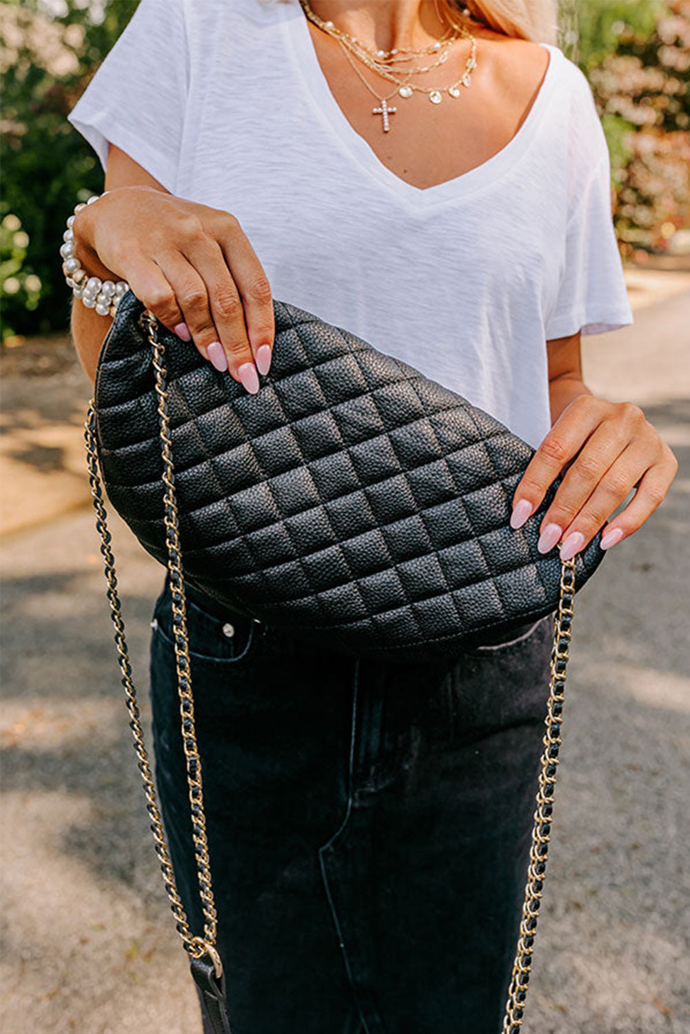 Black Faux Leather Quilted Crossbody Bag