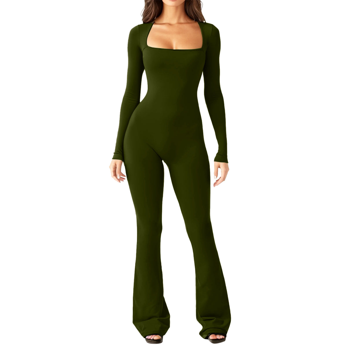 Women&#39;s Long Sleeve Belly And Waist Shaping Square Collar High Elastic Jumpsuit