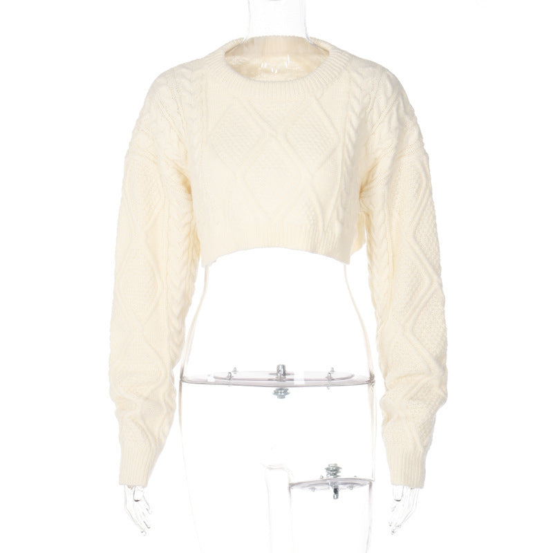 Women&#39;s Fashion Round Neck Long Sleeve Cropped Navel Loose Sweater