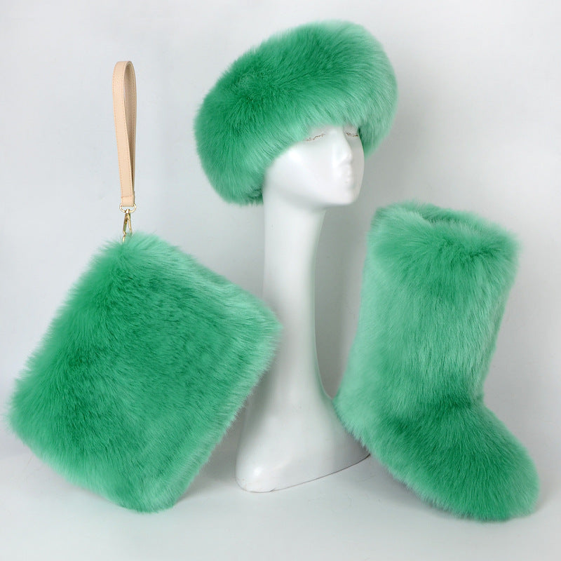 Fur Boots Velvet Padded Plus Size Imitation Fox Fur Fur Women&#39;s Snow Boots Three-piece Set