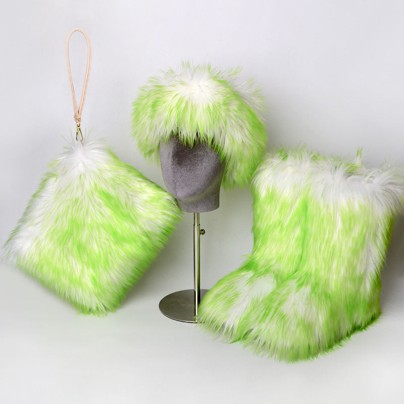 Fur Boots Velvet Padded Plus Size Imitation Fox Fur Fur Women&#39;s Snow Boots Three-piece Set