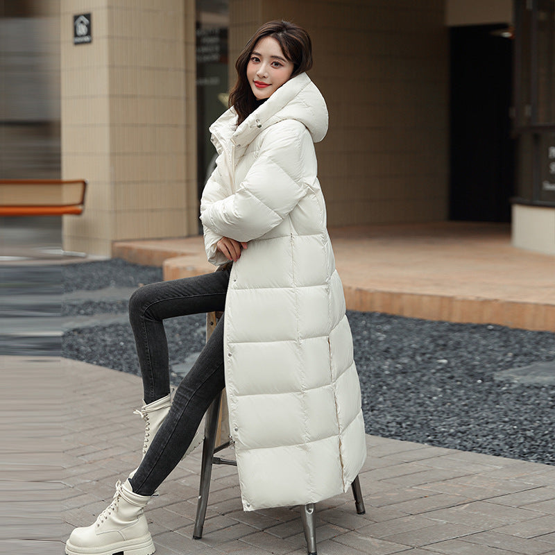 Women&#39;s Super Long Down Jacket Winter Puffer Thick Coat Black Red Hooded Zipper Keep Warm Fall Winter Casual Clothes