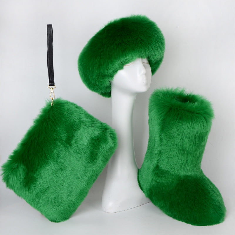 Fur Boots Velvet Padded Plus Size Imitation Fox Fur Fur Women&#39;s Snow Boots Three-piece Set