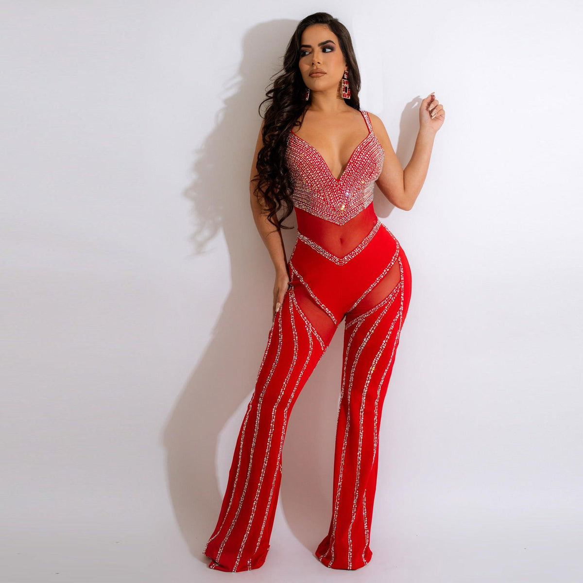 Women&#39;s See-through Deep V Rhinestone Jumpsuit